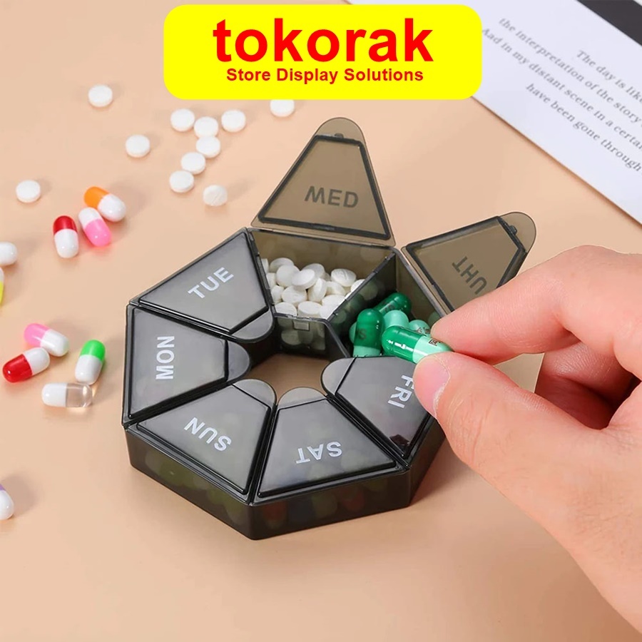 KOTAK OBAT MINI PORTABLE HITAM 7 HARI PRAKTIS TRAVEL BENTUK BULAT 7 SEKAT