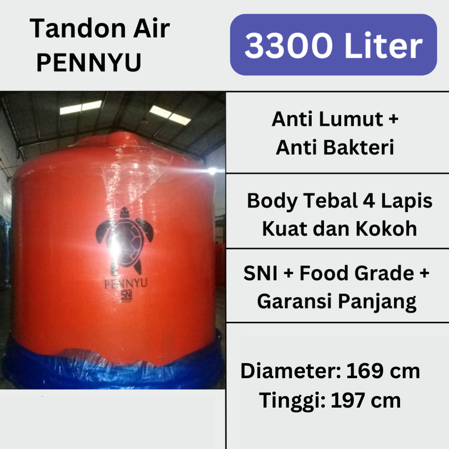 Tandon Tangki Toren Air Penyu 3000 Liter 3300 Liter Anti Lumut Kuat Lapisan Tebal Berkualitas