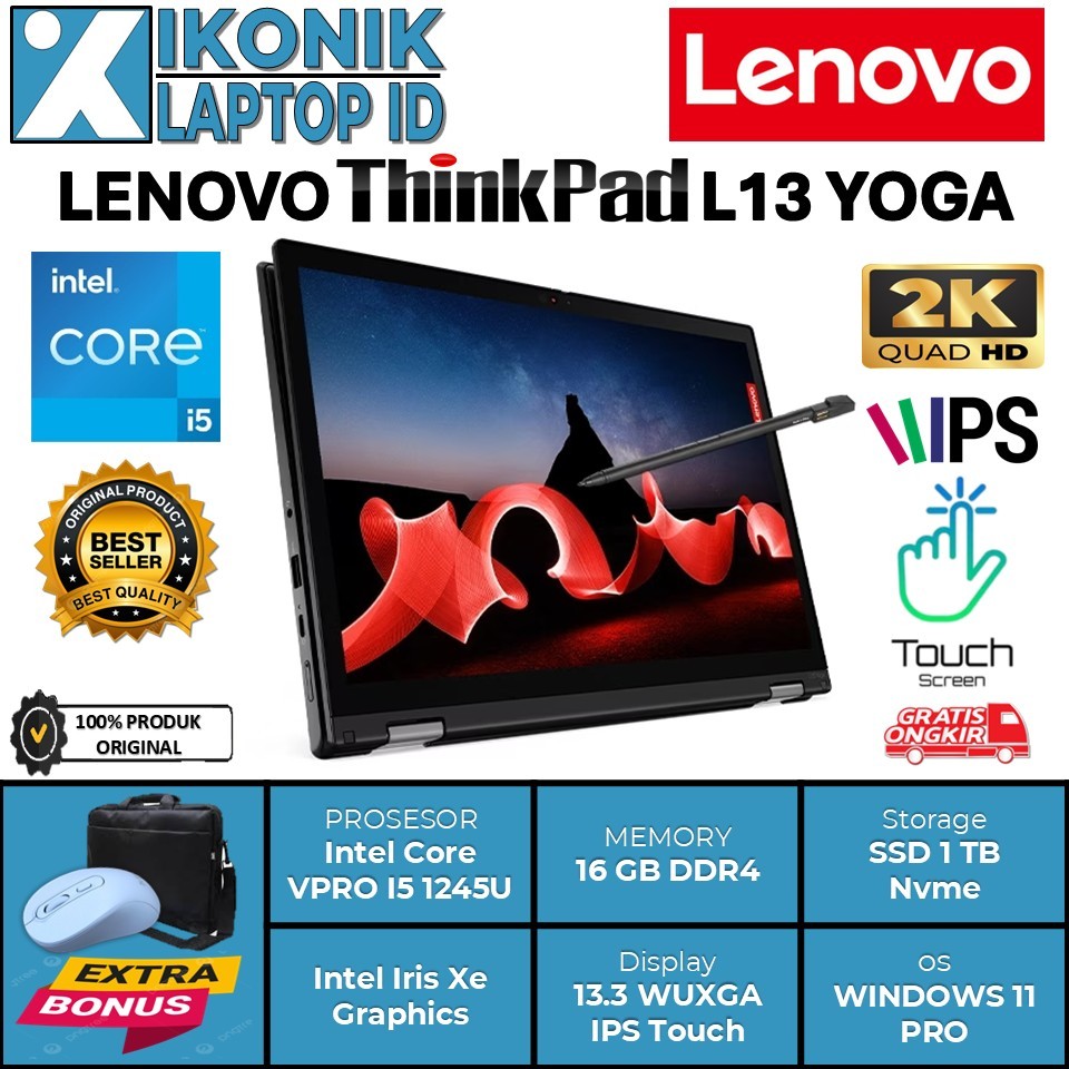 Laptop Lenovo Thinkpad L13 Yoga Gen 3 Intel Core i5 1245U Ram 16GB SSD 1TB 13.3" IPS Touchscreen