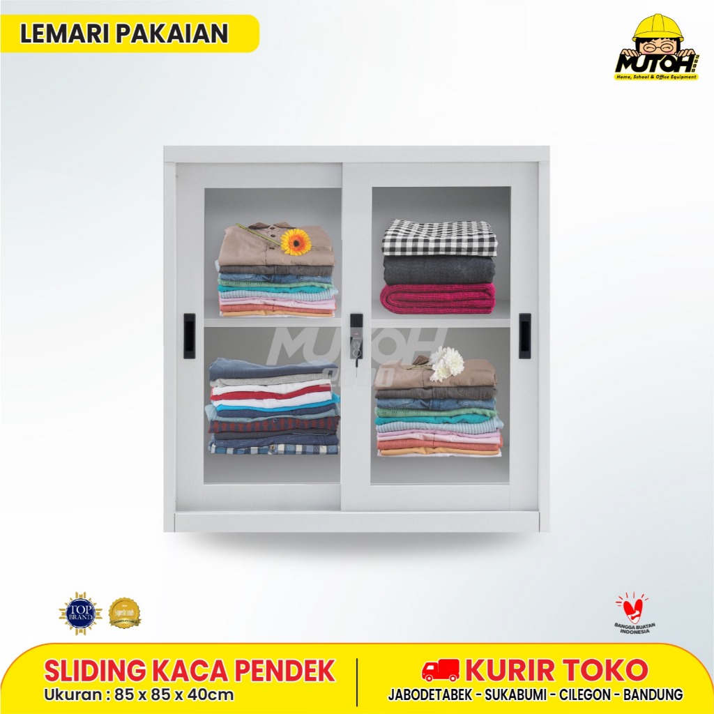 Lemari Pakaian Besi Sliding Kaca Pendek 85 cm IMP MUTOH2000 | Lemari Baju Pintu Geser Putih