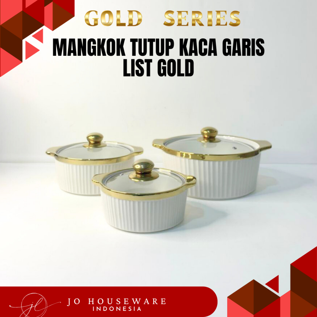 Mangkok Saji Tutup Kaca Garis  List Gold Keramik Premium Unik  / Set Mangkok Keramik Tutup kaca JJ67