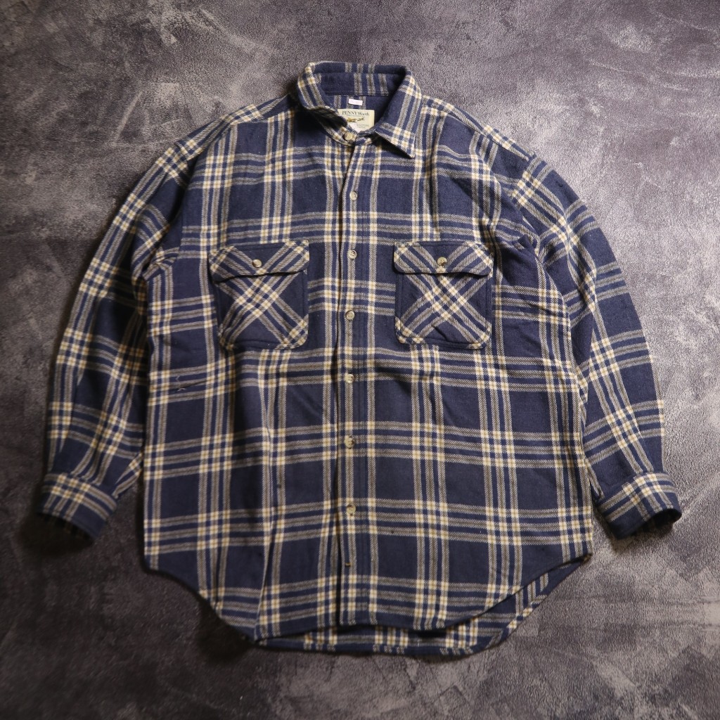 KEMEJA VINTAGE PENNY WORTH PLAID WOOL FLANEL OUTER SHIRT FL36 SIZE L FIT XL