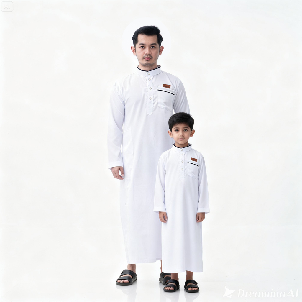 Baju Koko Couple ayah dan Anak Laki Laki || Jubah Pria Premium Gamis Sarimbit Lebaran Warna Putih