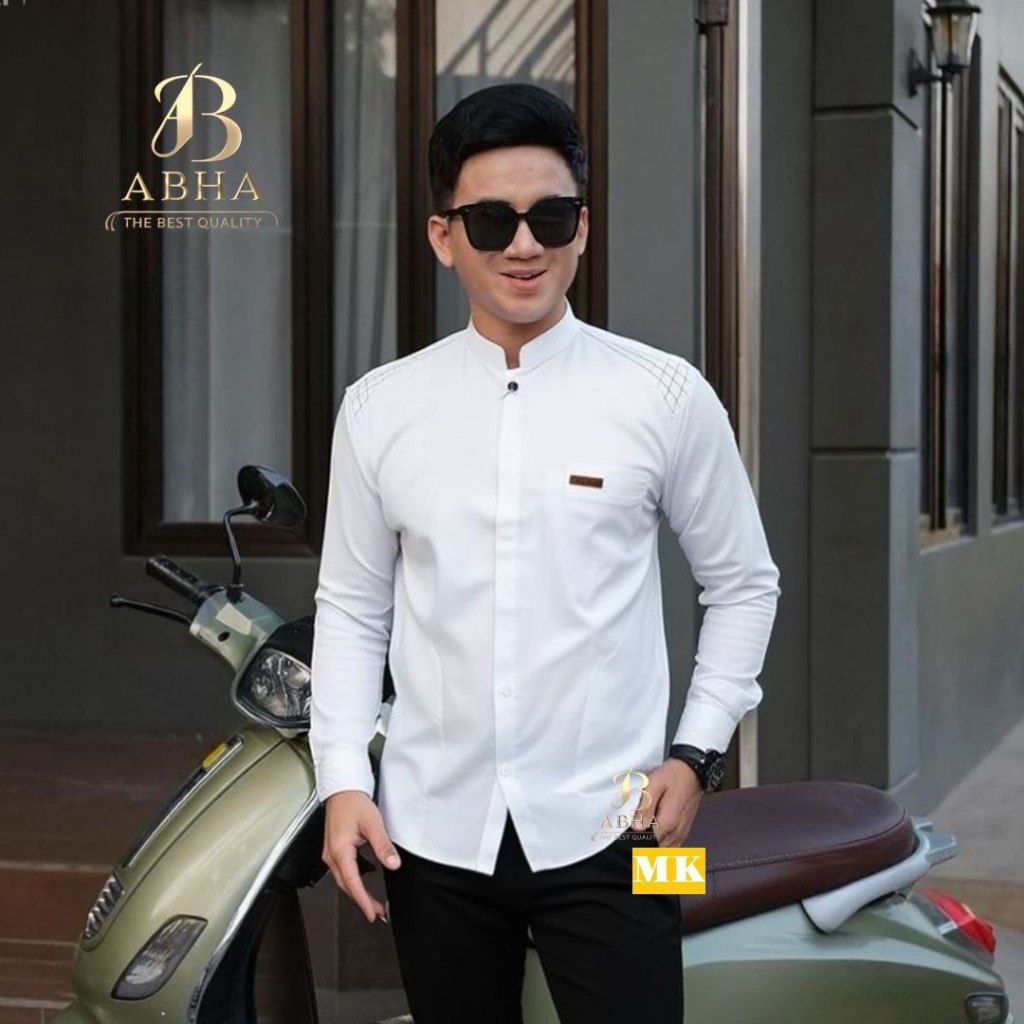 Abha - Baju Koko Pria Lengan Panjang - Baju Muslim Putih - Motif Garis