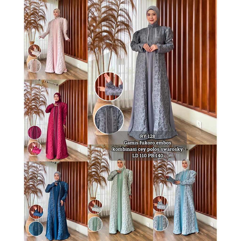 (ISI 2 PCS) RY 128 Gamis - TRESNA MUSLIM Gamis Fukuro Emboss Mix Cey Polos