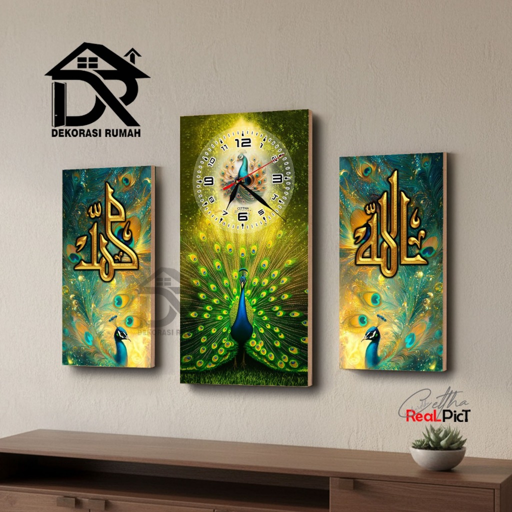 Jam Dinding Kaligrafi Burung Merak Hiasan Dinding Islami / Hiasan Ruang Tamu / Hiasan Kamar Tidur