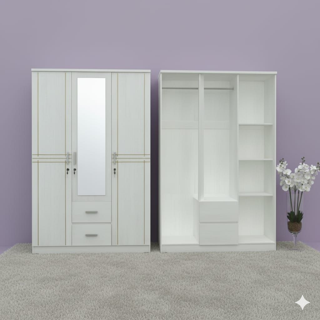 Lemari Pakaian 3 Pintu 2 Laci / Lemari Baju Putih 3 Pintu / Lemari Pakaian Minimalis Murah Bogor Ban