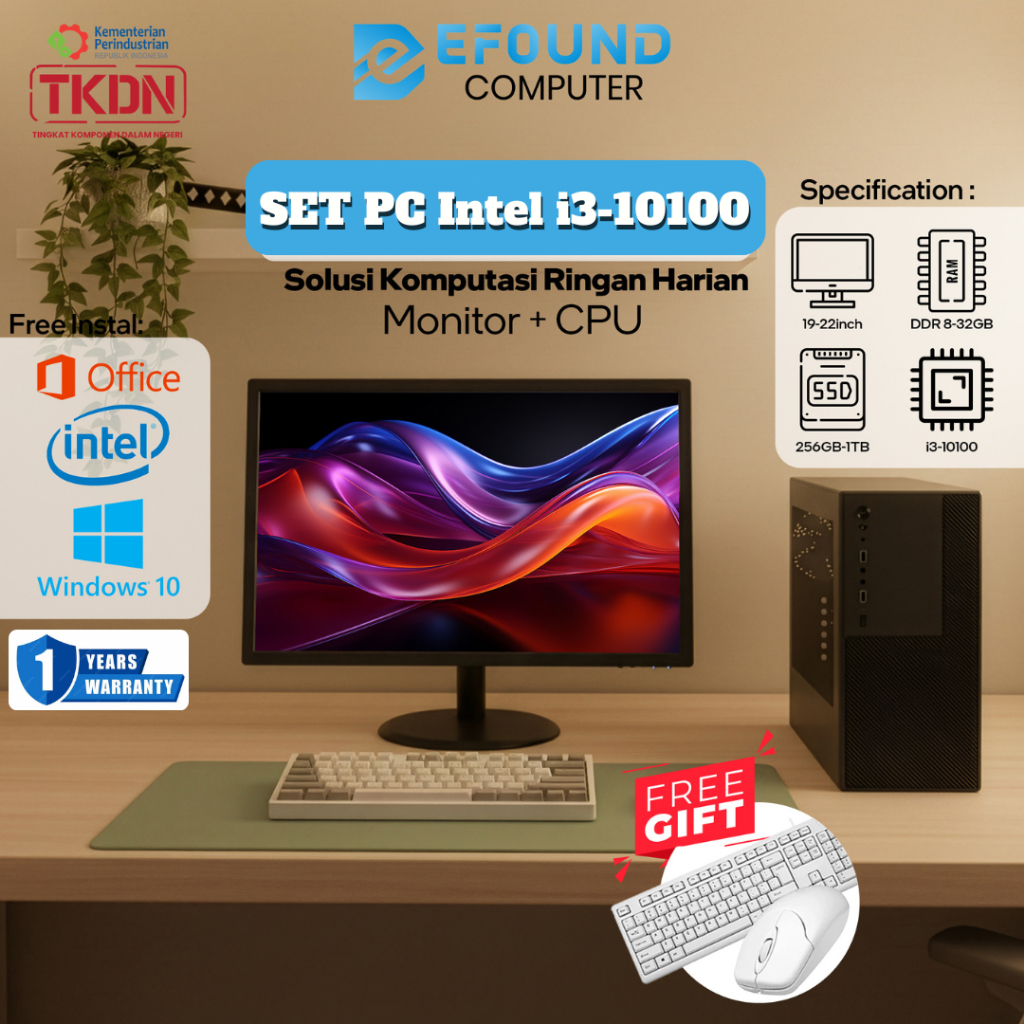 eFound Set PC Intel Core i3-10100 – Paket PC lengkap, Monitor HD 22 inch BG, 32GB RAM, 1TB SSD, Free