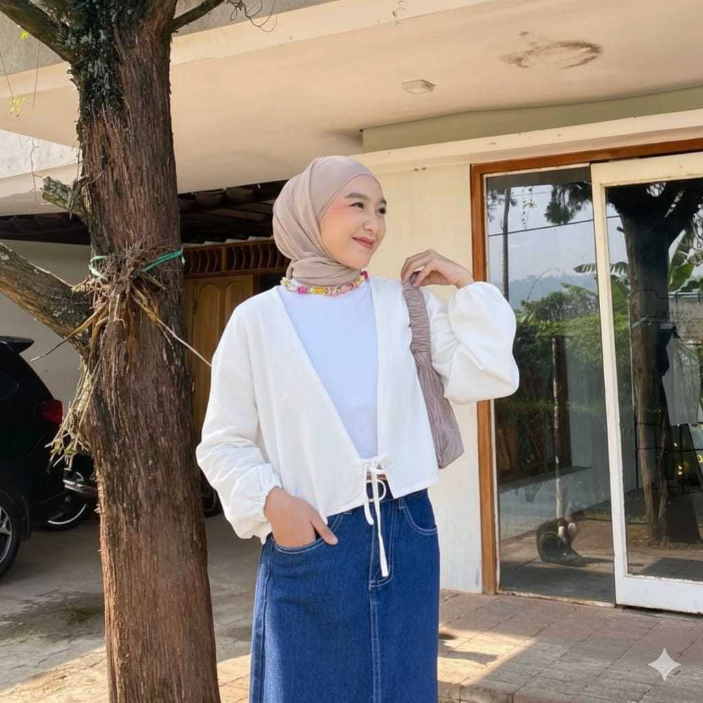 Kimono Crop Outer Wanita korean Style Tali Depan Lengan Balon Bahan Linen