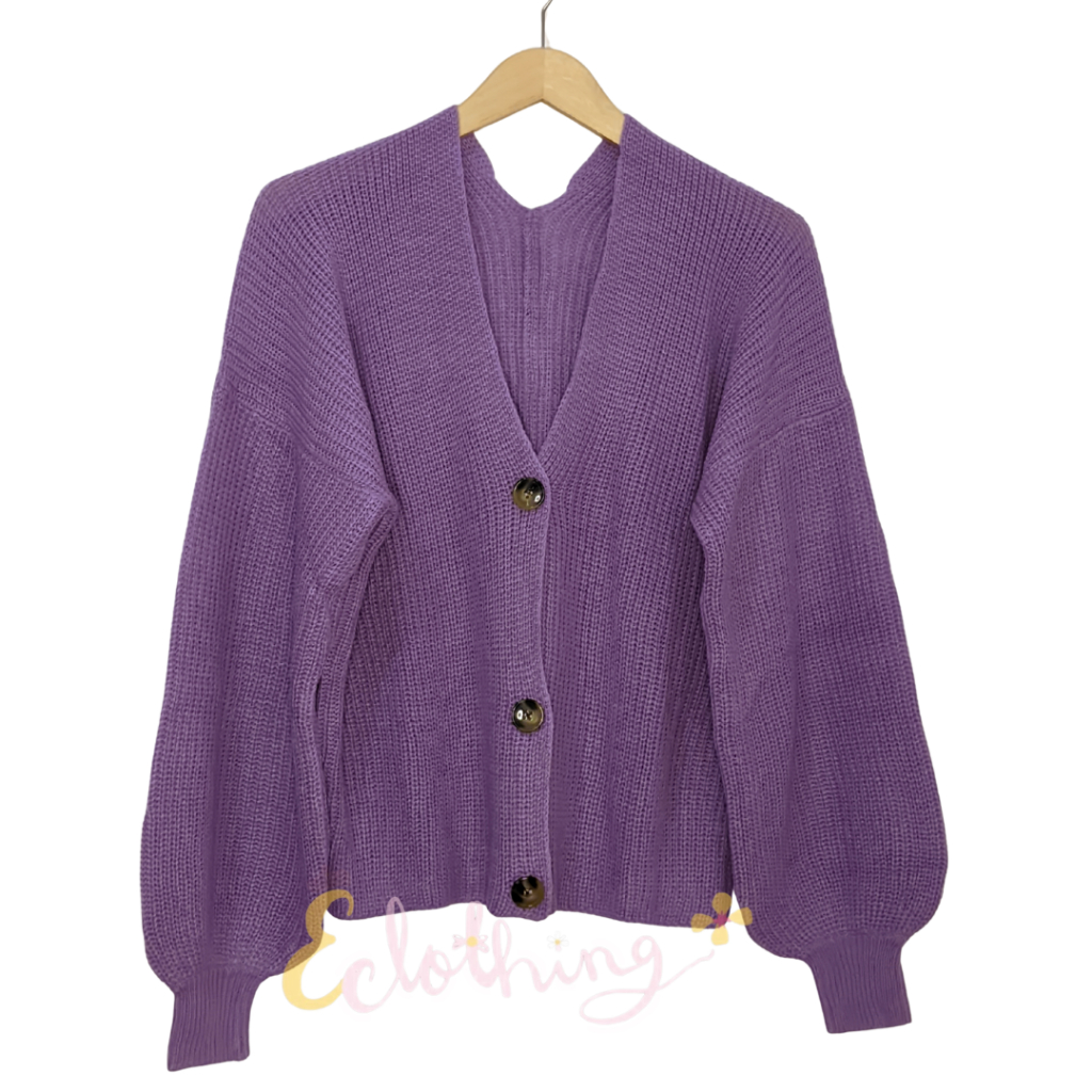 Cardigan Rajut Wanita Knit Sweater Ungu Muda Lengan Balon V-Neck
