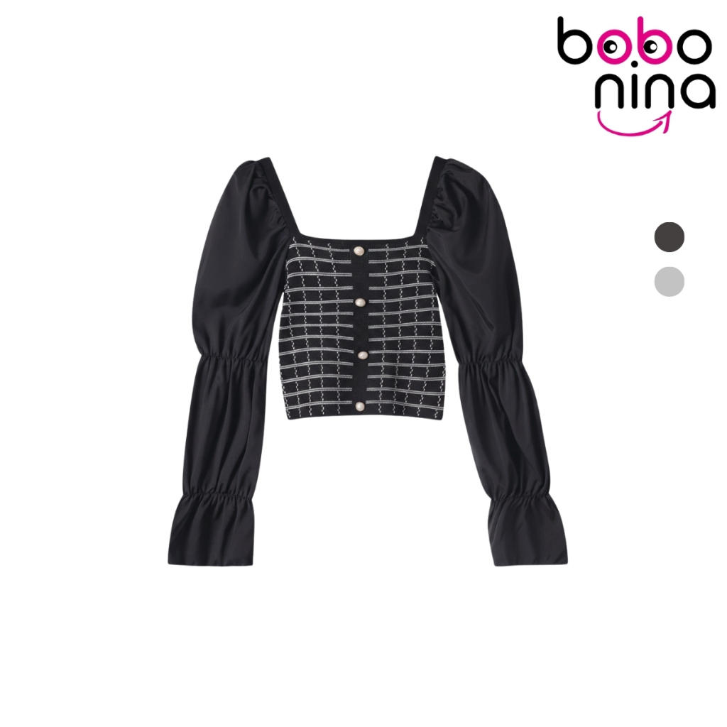 Ninabobo SL019 Sabrina Knit Blouse Atasan Square Neck Knit Top Crop Longsleeve Lengan Panjang