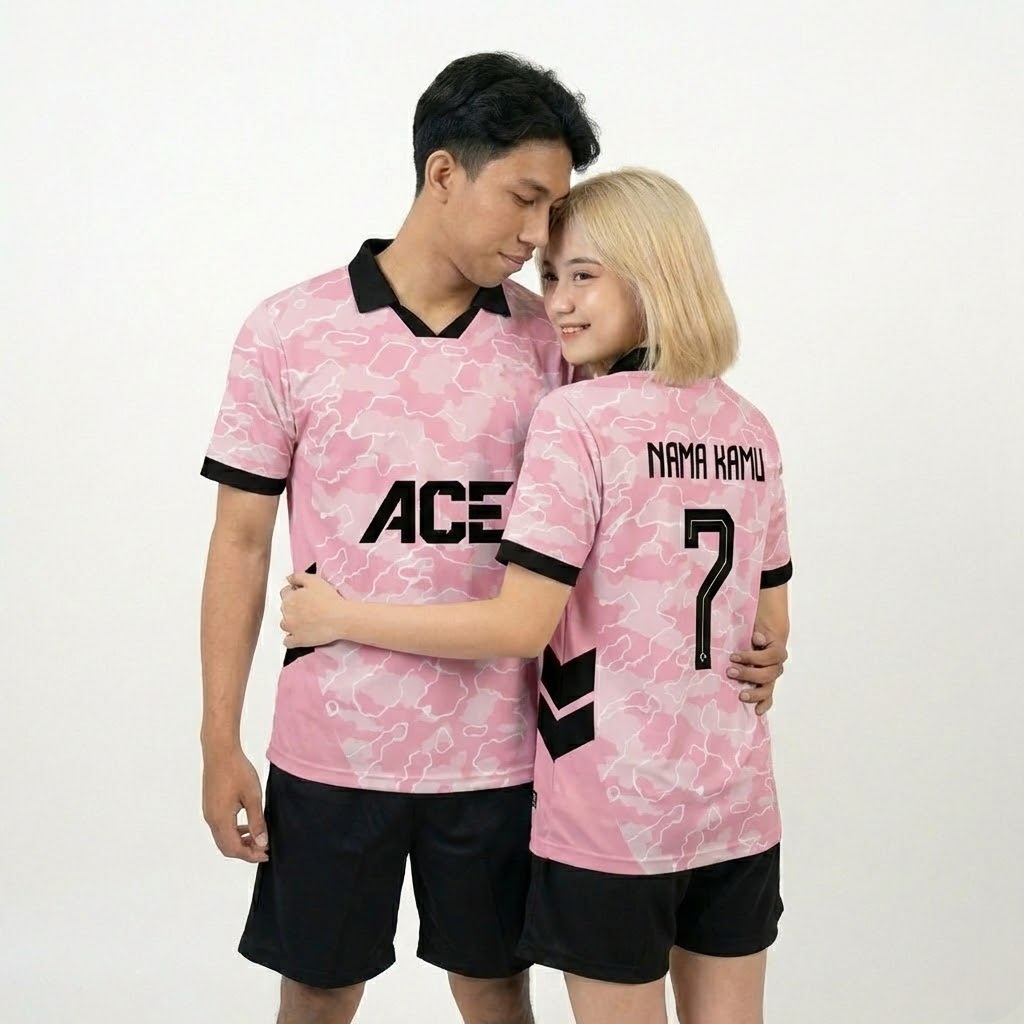 Setelan Jersey Futsal Tim Unisex Pink Motif Camo Abstrak Kerah Polo