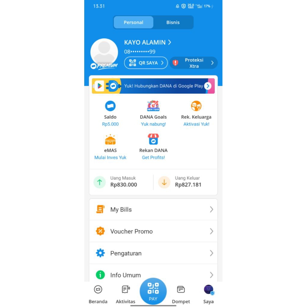 Akun dana premium+bisnis