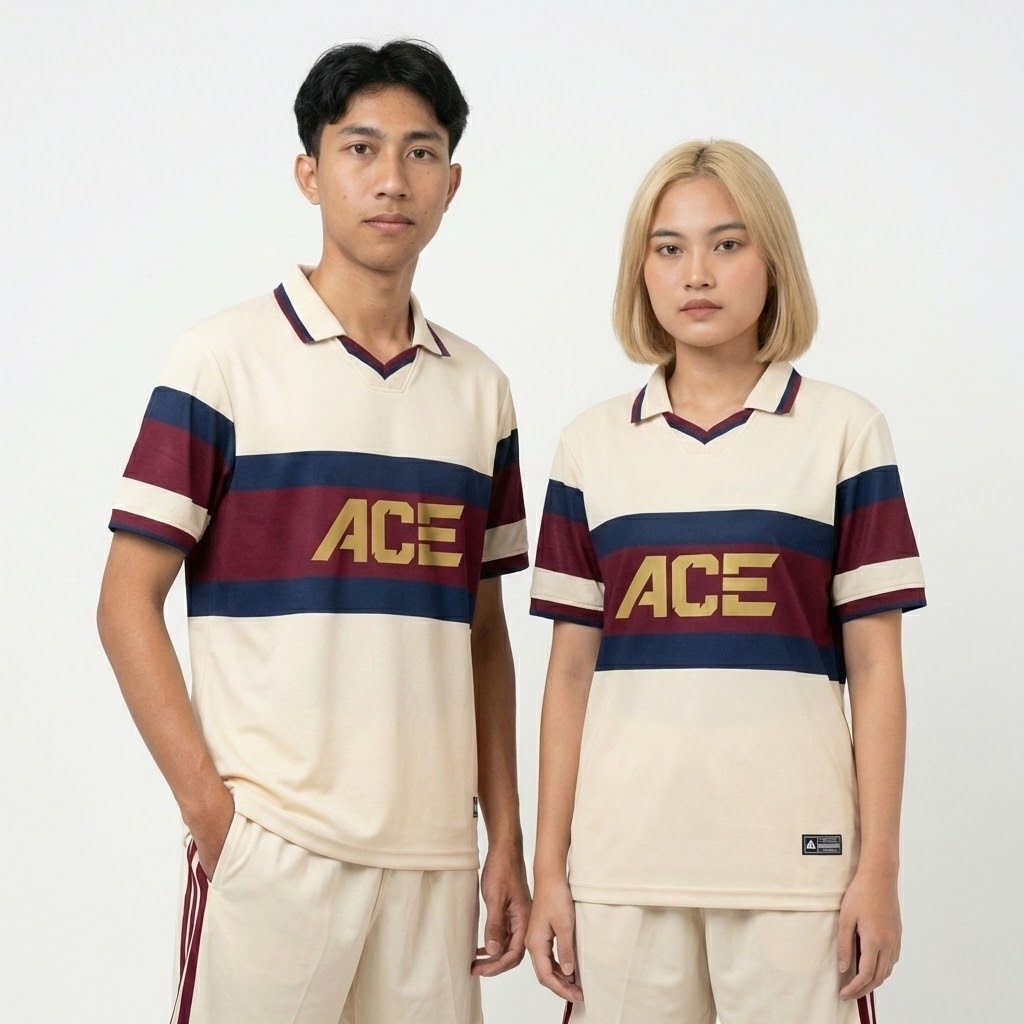 Setelan Jersey Futsal Tim Unisex Cream Klasik Garis Dada Maroon Navy