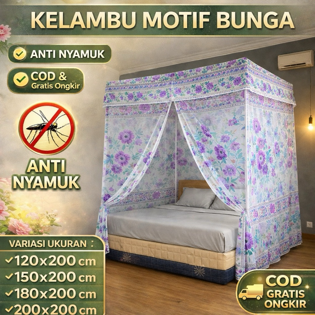 Kelambu Tidur Kotak Motif Bunga / Kelambu Gantung Ukuran 180x200 cm - Anti Nyamuk