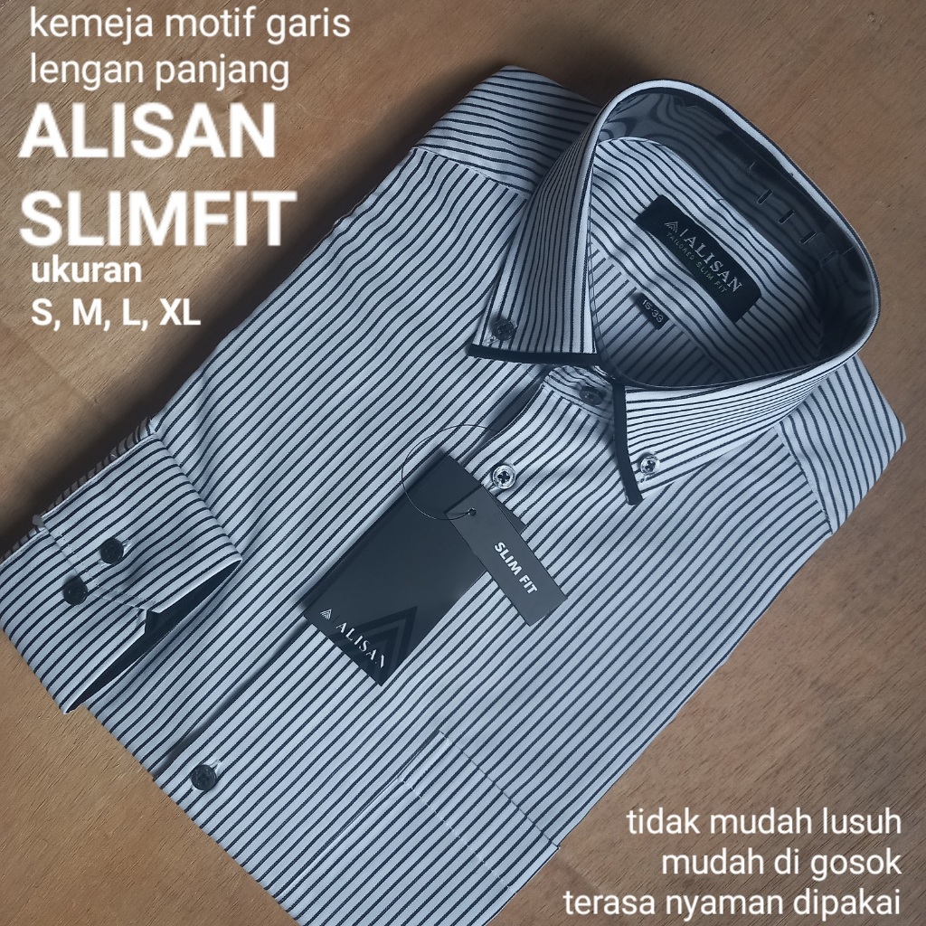 Kemeja Lengan Panjang SALUR Motif Garis putih hitam ALISAN SLIMFIT