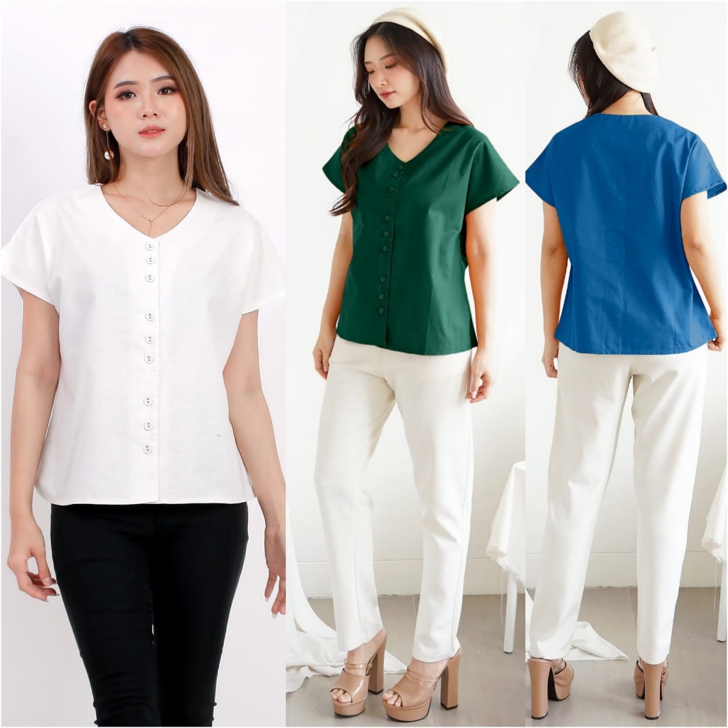 Blus Lengan Pendek Polos Atasan Blouse Wanita Jumbo Kancing Depan Hidup Remaja Modern Big Size S M L