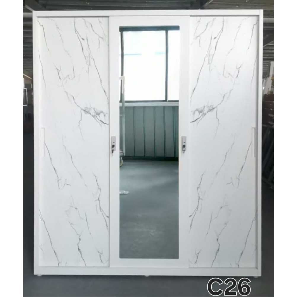 Lemari Pakaian Besi Okelo by Importa 3 Pintu Sliding Lebar 160 cm Motif - Lemari Baju Sliding / Lema