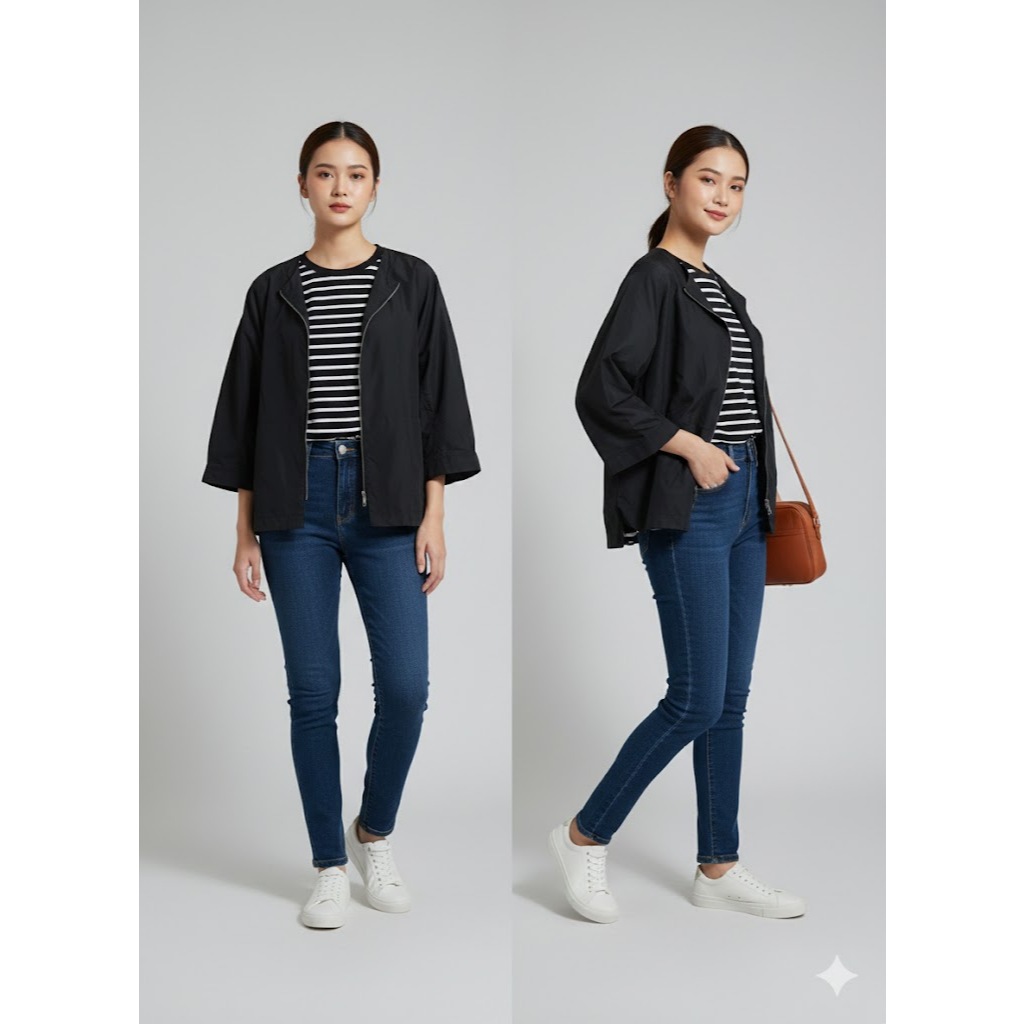Jaket wanita hitam boxy zipper polos