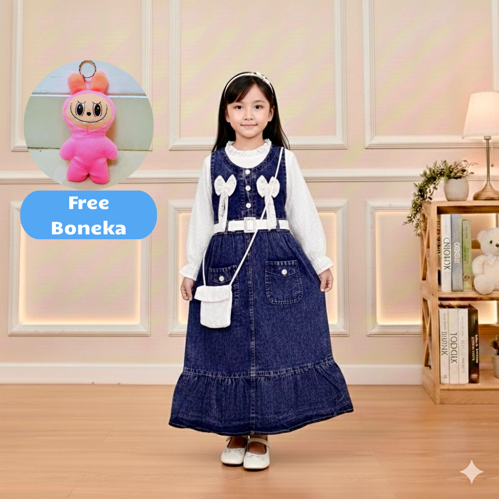 Gamis Jeans Mix Brokat Import Anak Perempuan Usia 3-10 Tahun Terlaris Fashion Anak Viral Terbaru
