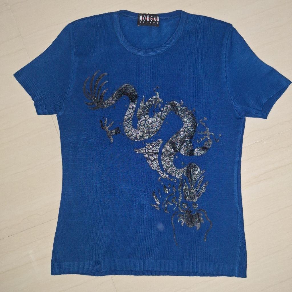 Original MORGAN DE TOI Tricot T Shirt Wol Kaos Wanita Tebal Slim Fit Crop Top Biru Tua Donker