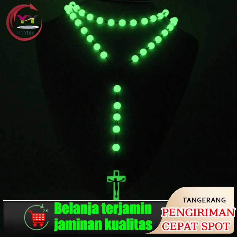 Kalung Rosario Fosfor Glow Night 8MM Manik Bersinar Hijau Unisex Bercahaya Kalung Salib