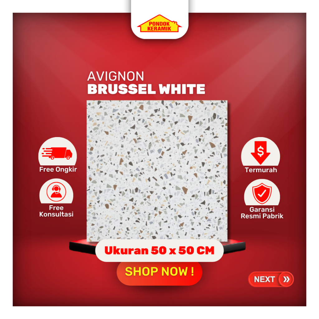 Keramik Lantai Matt 50x50 Brussel White Matt Kasar Warna Putih Motif Terazzo