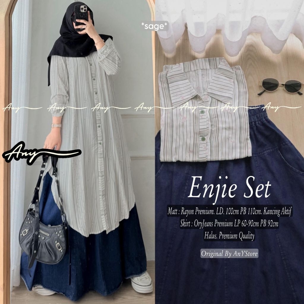 Enjie setelan long tunic jumbo ld 110 by A.N.Y rok plisket polos rok panjang floral skirt denim setr