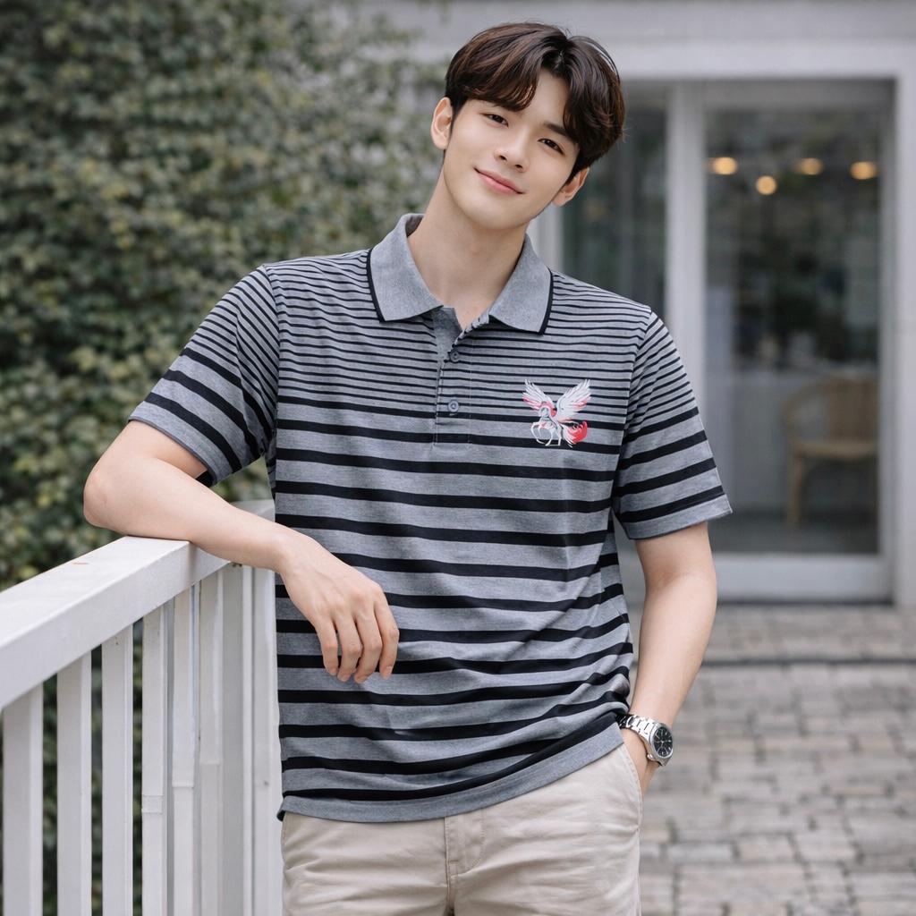 PM | kaos kerah pria wangki salur logo trending |Kaos kerah wangki salur semi cotton