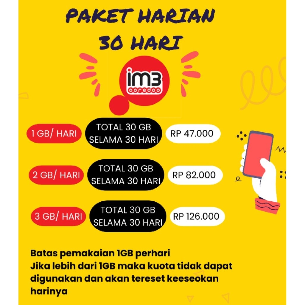 Paket Data Im3 30/60/90 GB selama 30 hari