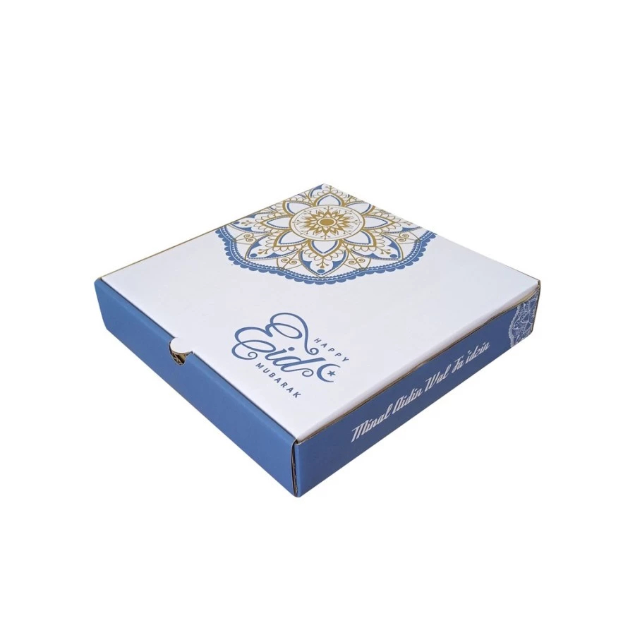 box lebaran kue kering motif biru kardus eid mubarak muat 4 toples 250 gr ukuran 25x25x5 cm