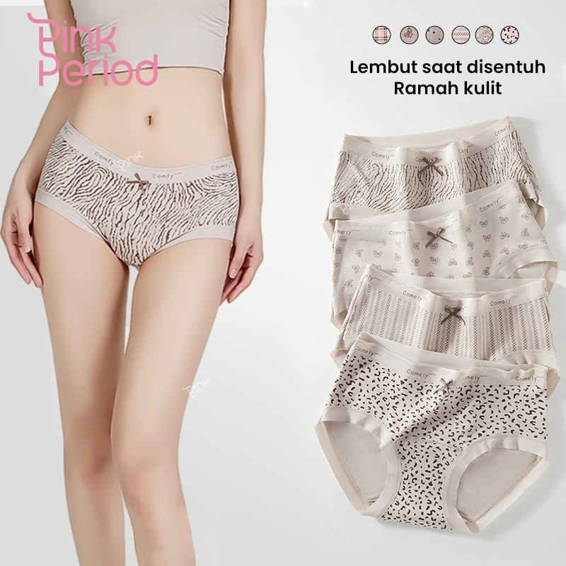 Pink Period Celana Dalam Wanita Katun Motif Macan Tutul Fashion CD Lembut Mid Waist Pakaian Dalam Wa