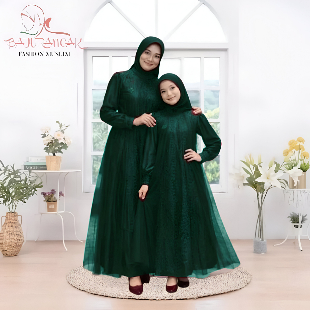 Juleashop Baju Gamis Couple Lebaran 2026 Ai Dres Srimbit Ibu & Anak Perempuan Mewah Elegan Bahan