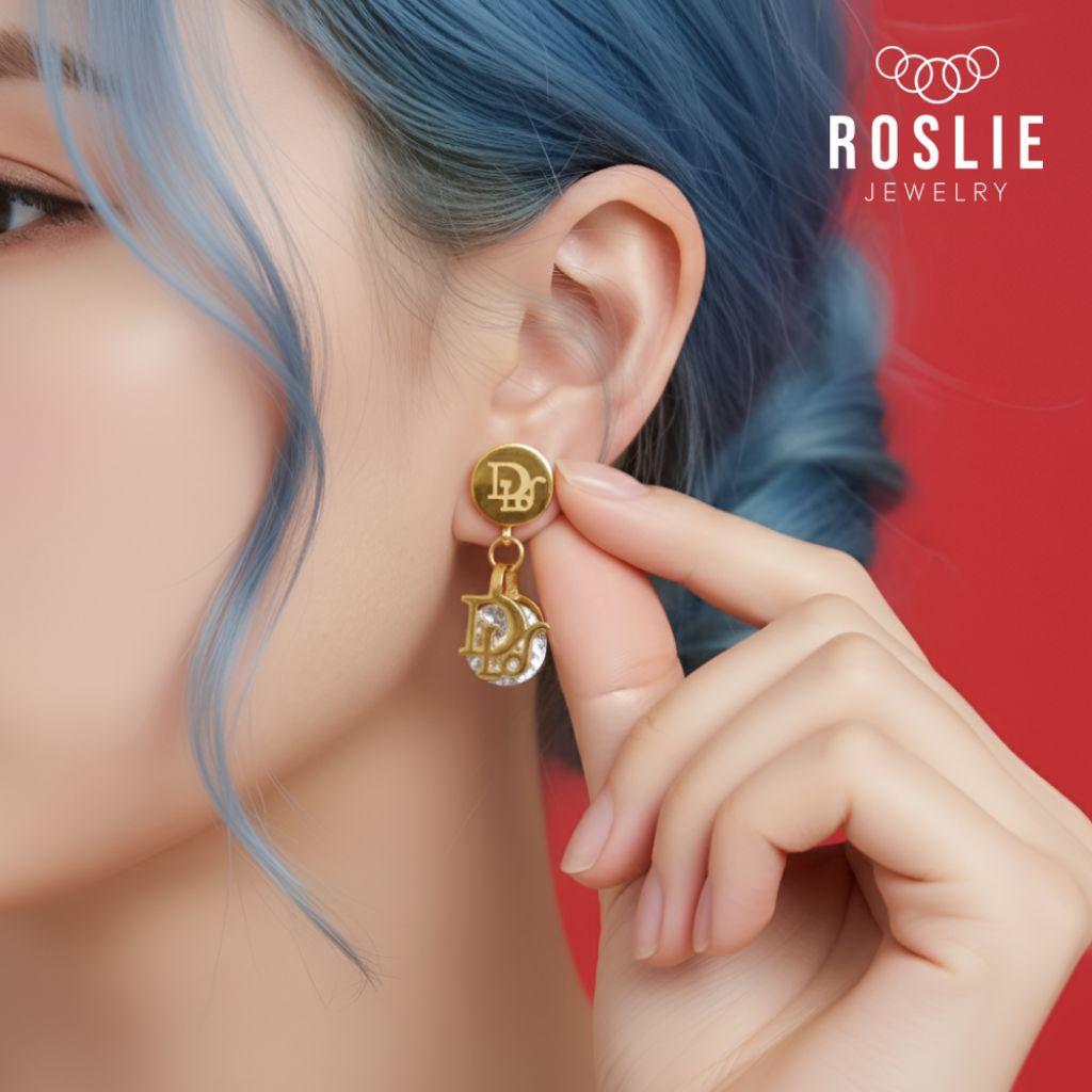 Anting Tusuk Motif Twin D Oval Disc Gold Zircon Titanium Anti Karat - Roslie Jewelry