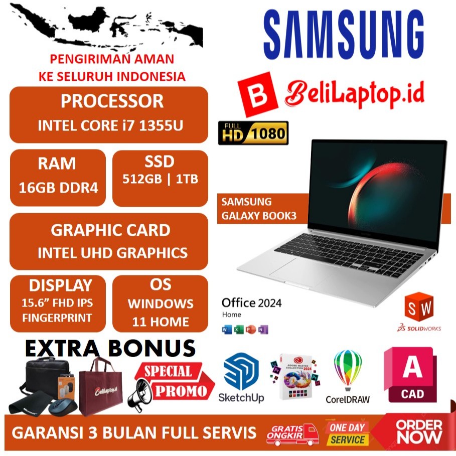 Laptop Baru Samsung Galaxy Book 3 15 INTEL CORE I7 1335U RAM 16GB DDR5 SSD 1TB 15.6 FHD