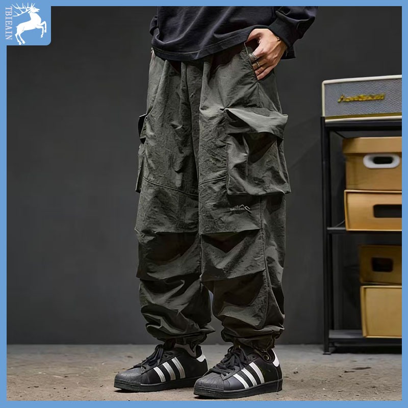Celana cargo panjang pria longgar hijau baggy pants outdoor casual pants Celana Pinggang Karet jumbo