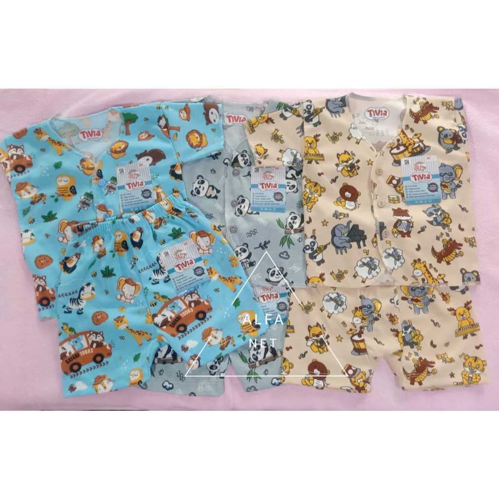 Baju Pendek Kancing depan dan Celana Pendek Bayi Newborn Motif Tivia - 3pcs terpisah / setelan Pende