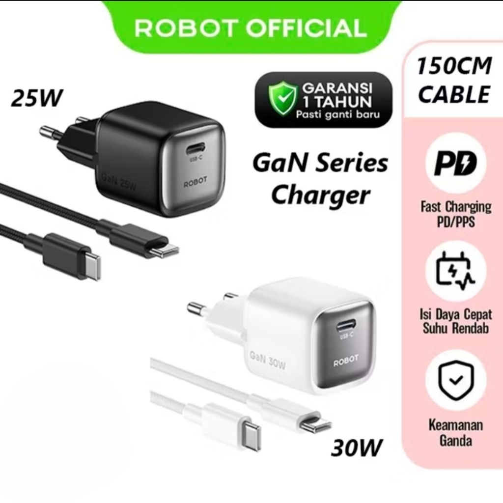 Robot RT-X30 30W / RT-X25 25W Charger Fashion Series Mini Gan 30W Fastcharging With Cable 1.5m PD/PP