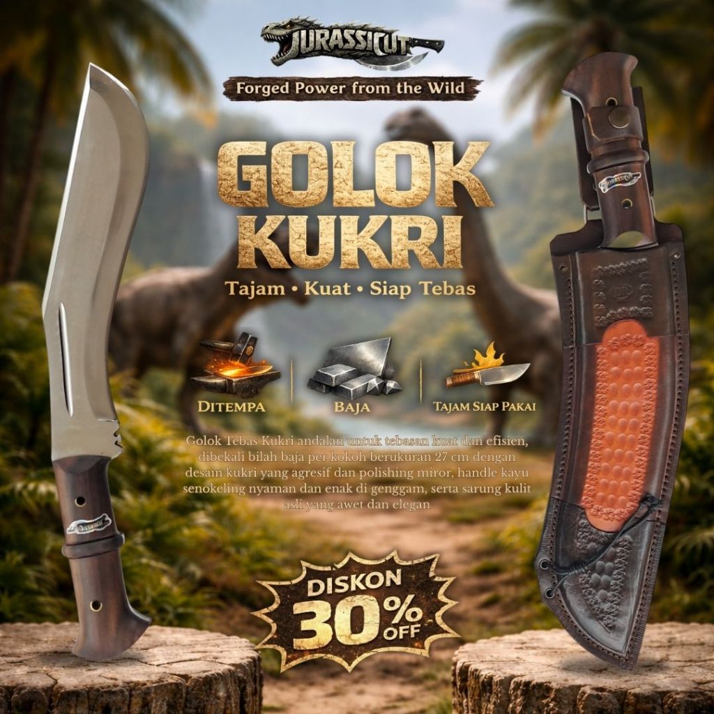 Pisau Kukri 27 cm Baja Polish Miror Sarung Kulit Asli