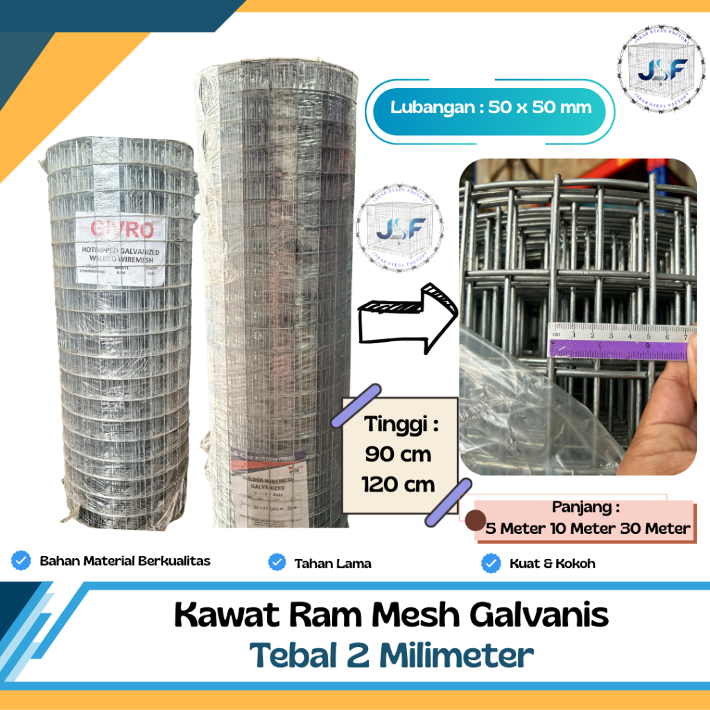 Kawat Ram Mesh Galvanis Tebal 2 mm | Panjang 5m 10m 30m | Lubang 50 x 50 mm | Kawat Ram Galvanis Mur