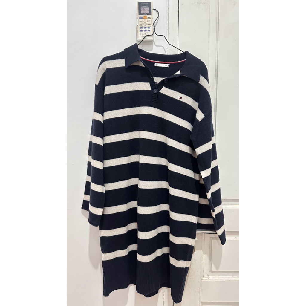 Tommy Hilfiger Women's Striped Rugby Polo Sweater Dress in navy blue and white