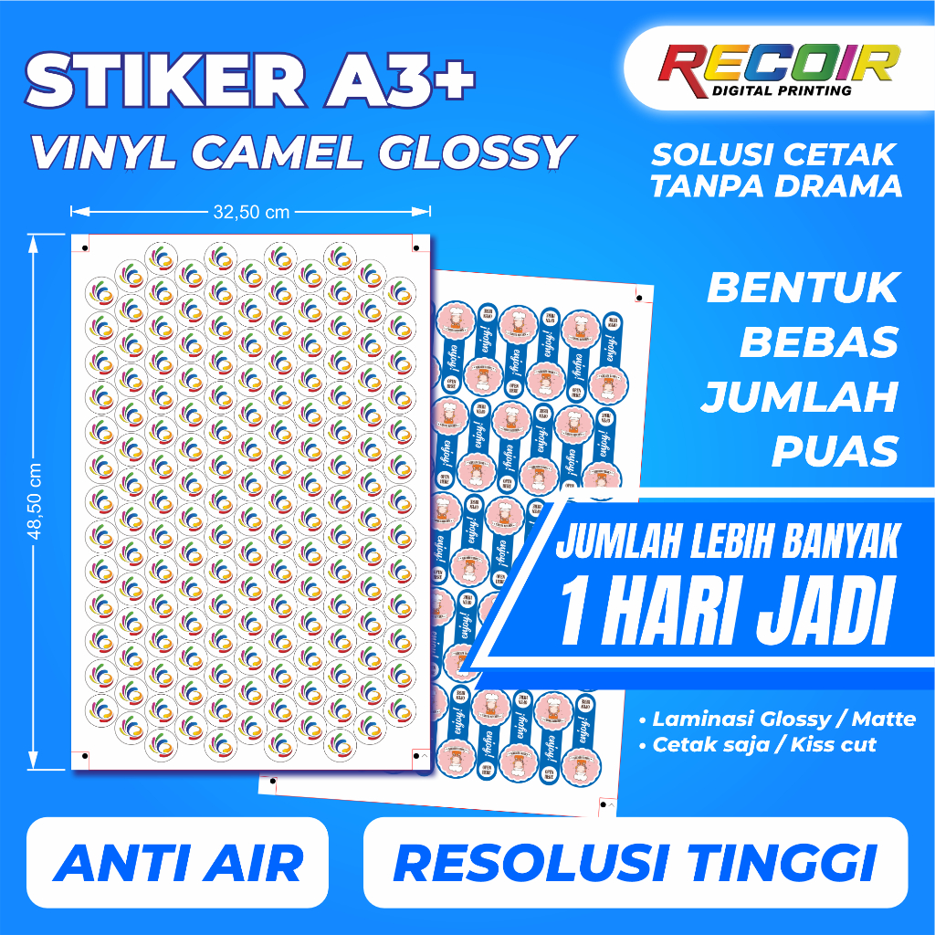 Cetak Stiker Vinyl Susu GLOSSY Anti Air A3+ Cutting, Laminasi Glossy atau Doff