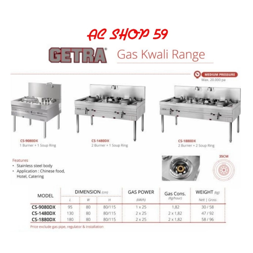 Kompor Gas Kwali Range GETRA CS-9080DX 1 Burner +1 Soup Ring CS9080DX Stainless Steel Body New