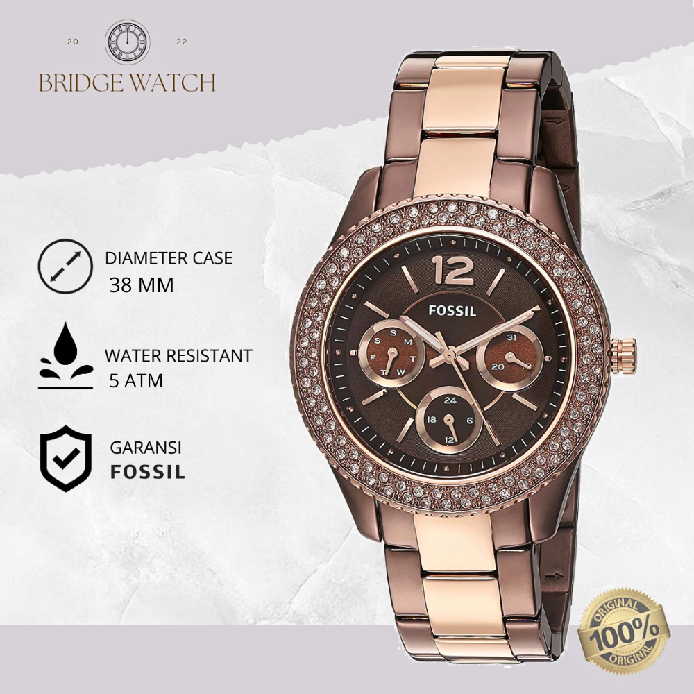 Jam Tangan Wanita Fossil Stella Chronograph Stainless Steel Mewah Elegan Original ES4079