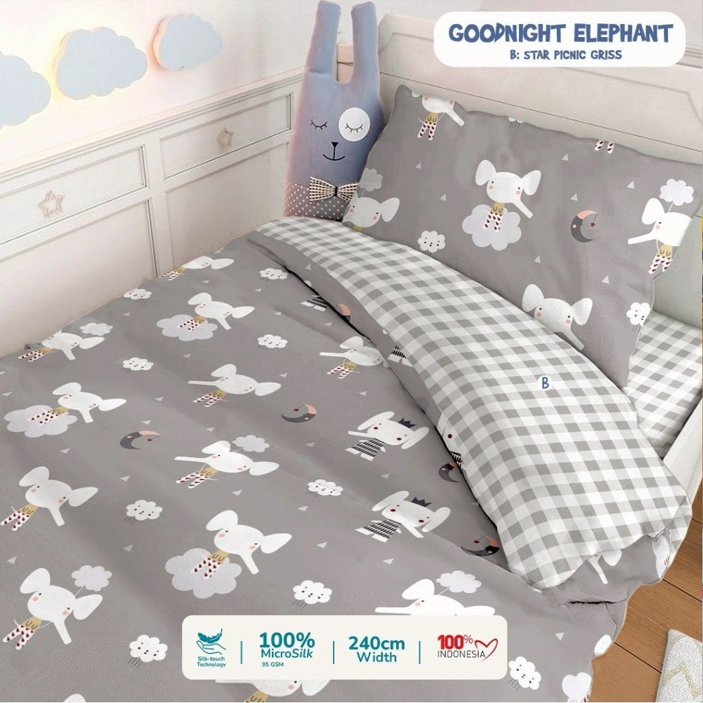 Sprei anak lucu motif gajah goodnight elephant ukuran lengkap sprei anti geser sprei90x200 sprei100x