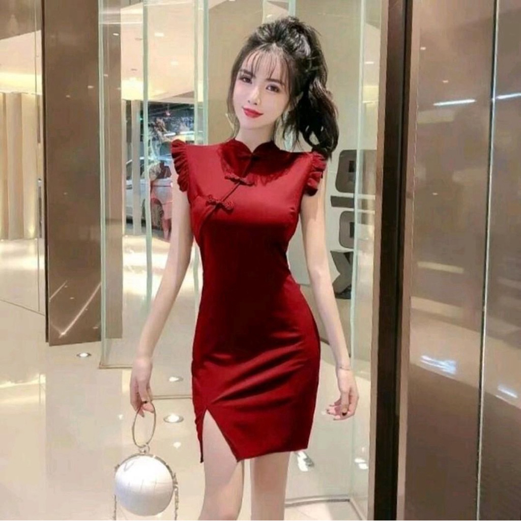 MELANI DRESS CEONGSAM KERAH KANCING SHANGHAI PARTY DRESS SERAGAM DRESS SHINCIA BODYCON