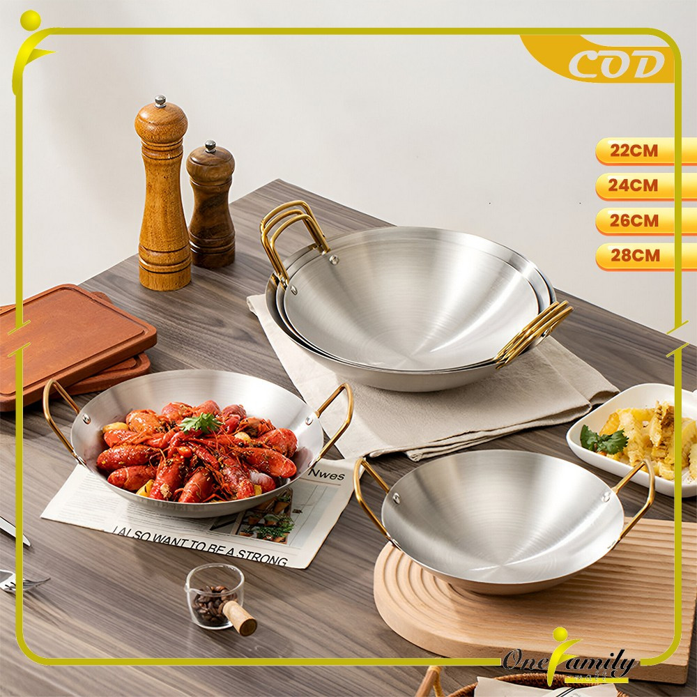 ONE-C1212 Wajan Penggorengan Stainless Steel Tebal Kuat Gagang Gold Anti Lengket / Wok Pan Kuali Kat