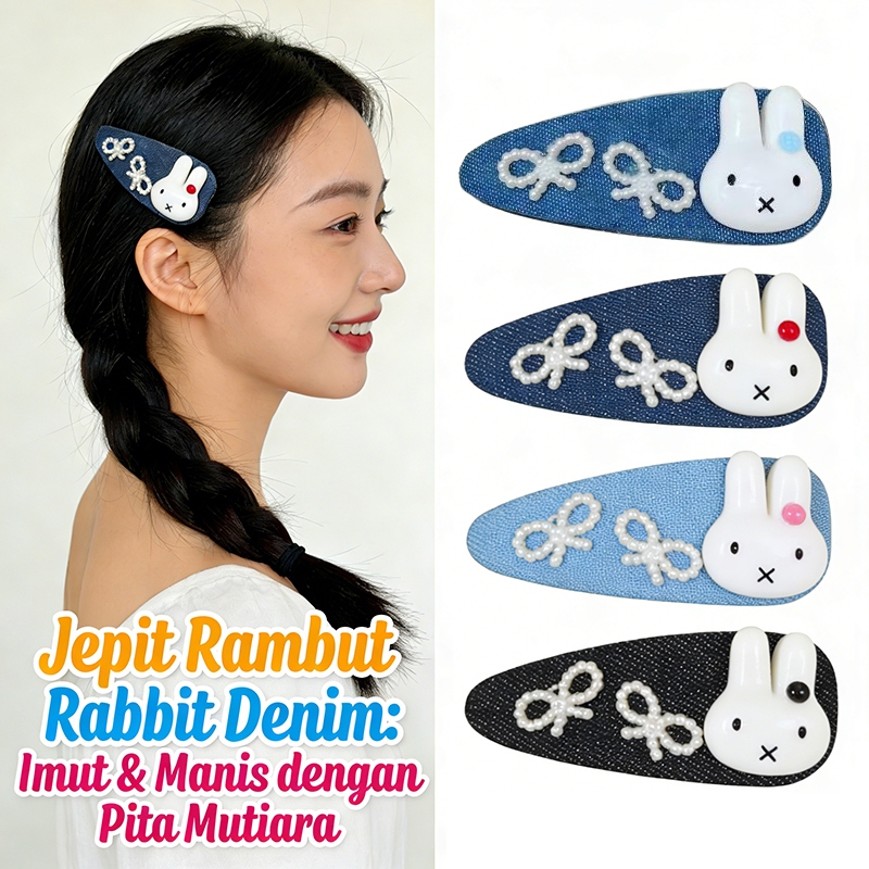 Jepit Rambut Kelinci Denim Motif Kupu Kupu Mutiara Warna Biru Tua Telinga Biru Muda