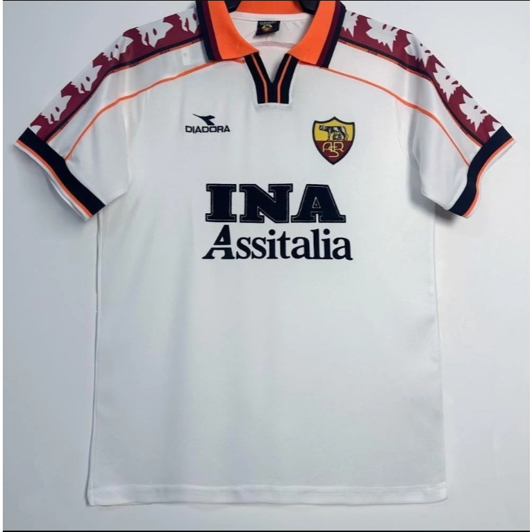 Jersey Sepak Bola Lengan Pendek Putih Retro Dewasa 1998-99 Roma Away Cotton Jersey