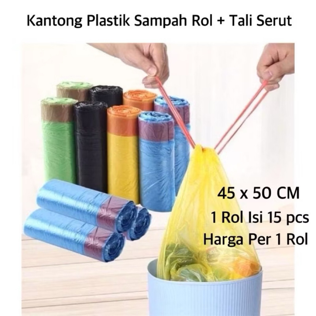 (GROSIRAN) Kantong Plastik Sampah Rol + Tali Bahan Kuat Bagus 1 Rol isi 15 pcs